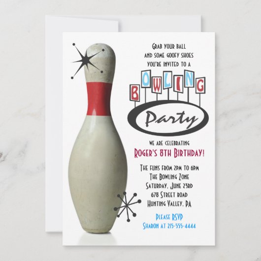 RETRO BOWLING PIN Bonne Invitation de fête d'anniv (Devant)