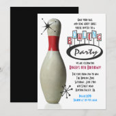RETRO BOWLING PIN Happy Birthday Party Uitnodiging (Voorkant / Achterkant)