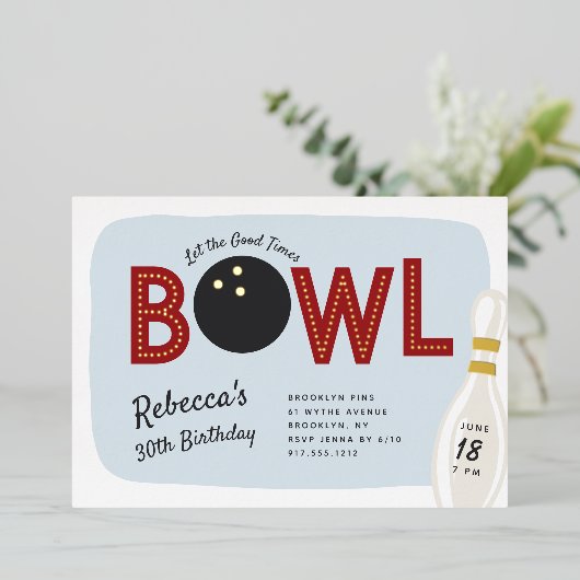 Retro Bowling Theme Birthday Party Folie Uitnodiging (Staand Voorkant)