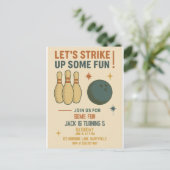 Retro Bowling Verjaardagsuitnodiging voor Jongens Briefkaart (Staand voorkant)