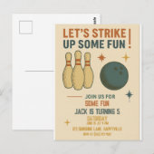 Retro Bowling Verjaardagsuitnodiging voor Jongens Briefkaart (Voorkant / Achterkant)