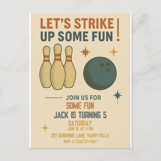 Retro Bowling Verjaardagsuitnodiging voor Jongens Briefkaart (Voorkant)
