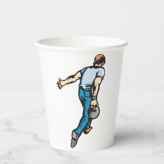 Retro bowlingspeler gooien bal papieren bekers (Voorkant)