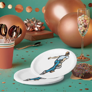 Retro bowlingspeler gooien bal papieren bordje