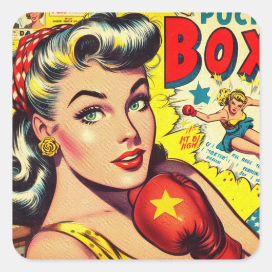 Retro Boxing Girl Comics Vierkante Sticker (Voorkant)
