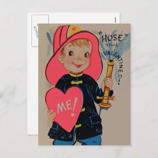 Retro Boy Fireman Valentijn Kaart (Voorkant / Achterkant)