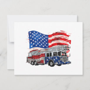 Retro brandweerwagen brandweerman VS Vlag 4e Feestdagenkaart