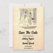 Retro Bride Groom Wedding sparen de Datum Kaart (Voorkant)