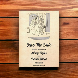  Retro Bride Groom Wedding sparen de Datum Kaart