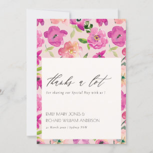 Retro Bright Pink Fun Waterverf Floral Wedding Bedankkaart