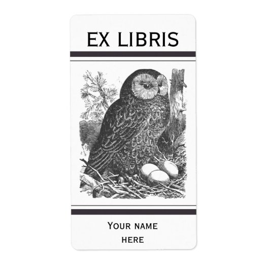 Retro brooding uil tekening bookplate etiket (Voorkant)