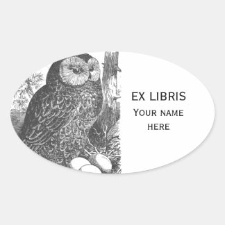 Retro brooding uil tekening bookplate ovale sticker
