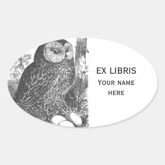 Retro brooding uil tekening bookplate ovale sticker (Voorkant)