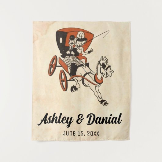 Retro Bruid & Bruidegom Carriage Comic Wedding Wandkleed (Voorkant)