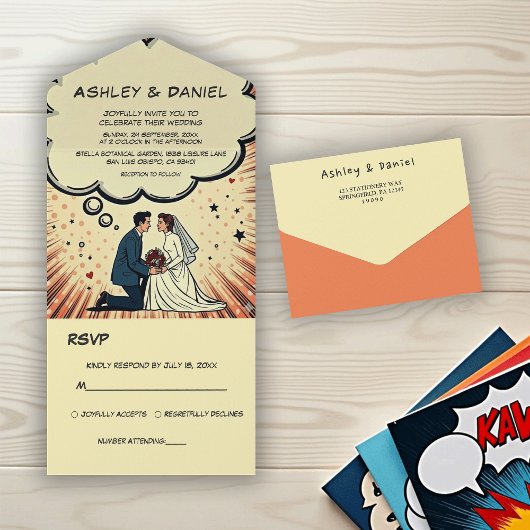 Retro Bruid & Bruidegom Pop Art Strips Huwelijk All In One Uitnodiging