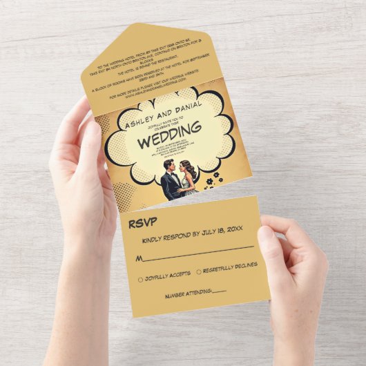  retro bruid en bruidegom stripboek bruiloft all in one uitnodiging (Afscheurbaar)