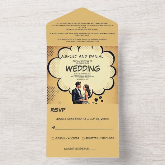  retro bruid en bruidegom stripboek bruiloft all in one uitnodiging (Binnen)