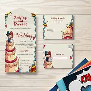 Retro Bruid & Groom Pop Art Comic Style Wedding All In One Uitnodiging
