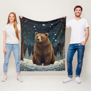 Retro bruin beer middernacht winterlandschap fleece deken