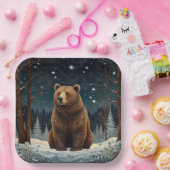 Retro bruin beer middernacht winterlandschap papieren bordje (Feest)