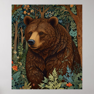 Retro bruine beer kunst boho boslandschap bos poster