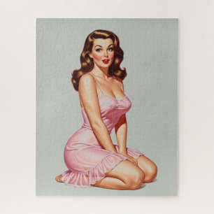 Retro brunette pin-up meisje in roze legpuzzel