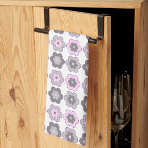 Retro Bubbel Bloemen (roze en grijs) Patroon Theedoek