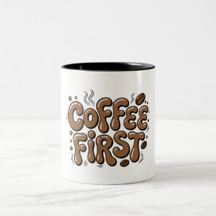 Retro-bubbeltypografie mok met 'Coffee First'