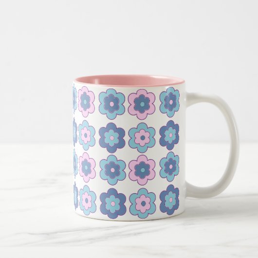 Retro Bubble Flowers (pink and blue)  Pattern Tweekleurige Koffiemok (Rechts)