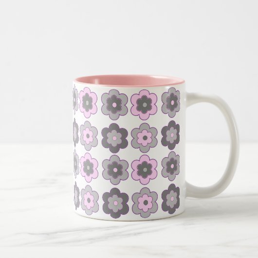 Retro Bubble Flowers (pink and gray)  Pattern Tweekleurige Koffiemok (Rechts)
