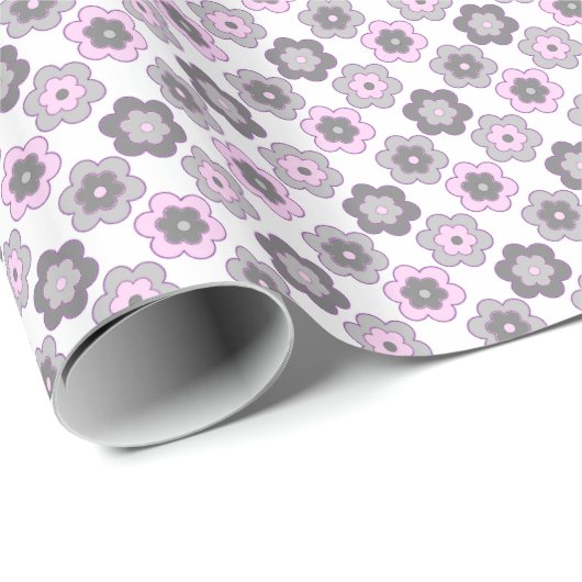 Retro Bubble Flowers (Pink and Grey) Pattern Cadeaupapier (Rol Hoek)