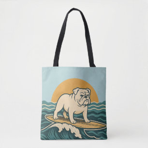 Retro Bulldog Surfer   Blauwe Surf Dog Grafische B Draagtas