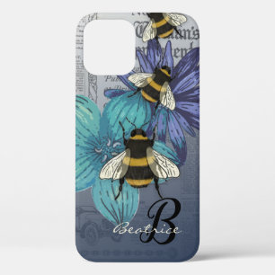 Retro Bumble Bee floral monogram iPhone 12 Hoesje