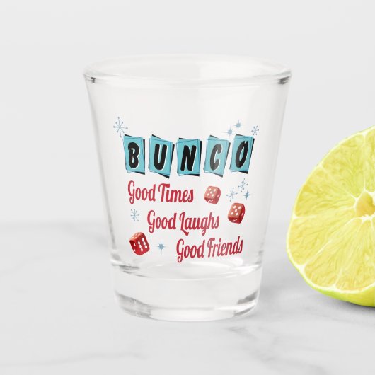 Retro Bunco Party Friends Shot Glas (Voorkant)