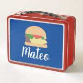 Retro Burger Blue Red Kinder Name Metal Lunch Box (Achterkant)