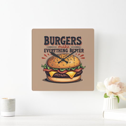 Retro Burger Lover Typografie Food Art Vierkante Klok (Huis)