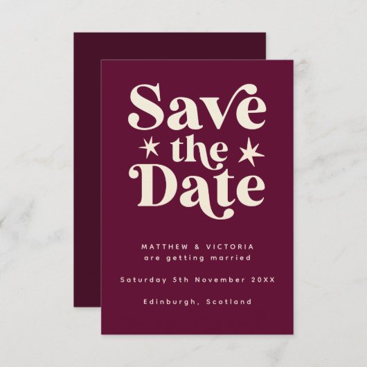 Retro Burgundy Boho Simple Save the Date Card (Voorkant / Achterkant)