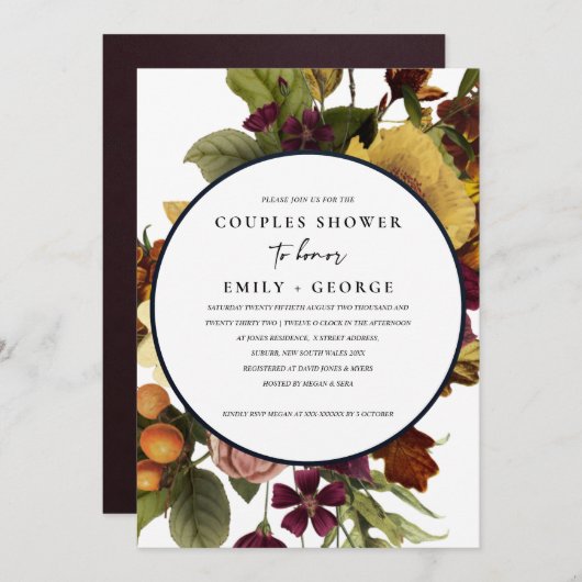 RETRO BURGUNDY GEEL FLORAL COUPLE SHOWER KAART (Voorkant / Achterkant)