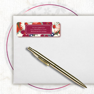 Retro Burgundy Pruim Rood Kleurrijk Bloemend Adres Etiket