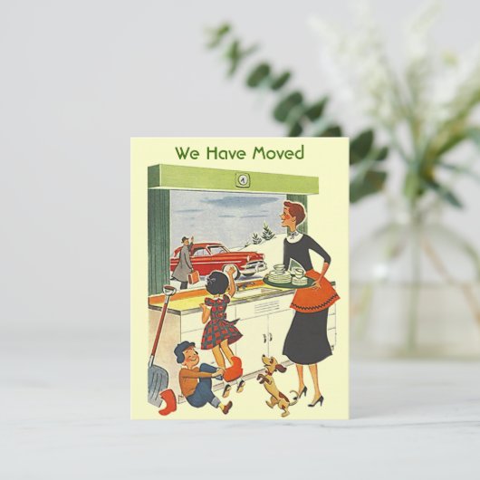 Retro Busy Home We hebben kennisgeving van verplaa Aankondiging (Staand voorkant)