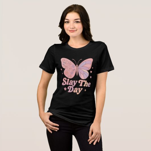 Retro Butterfly “Slay The Day” Art Tri-Blend Shirt (Voorkant volledig)
