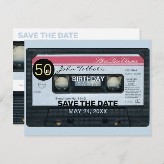 Retro C Audiotape 50e verjaardag Opslaan Datum P Uitnodiging Briefkaart (Voorkant / Achterkant)