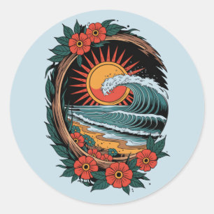 Retro Cadeau Voor Bloemenstrandliefhebber Zonsonde Ronde Sticker