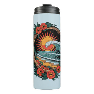 Retro cadeau voor vakantie met bloemendek aan het  thermosbeker