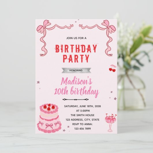 Retro cake verjaardagsfeestje uitnodiging (Staand voorkant)
