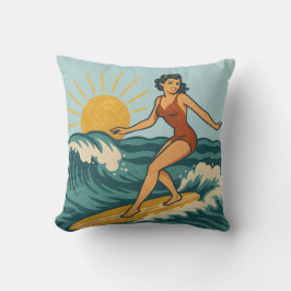 Retro Cali Pinup Surfer Reversible Blue Surfboard Kussen