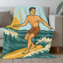 Retro California Surfer | Coastal Blue Surf Beach Fleece Deken