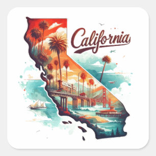 Retro California USA Kaart Reissouvenir Vierkante Sticker