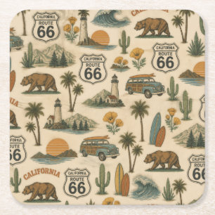 Retro Californië Route 66 Tafelblad Escape Vierkante Kartonnen Onderzetter