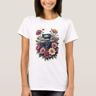Retro camera en bloemenkunst t-shirt